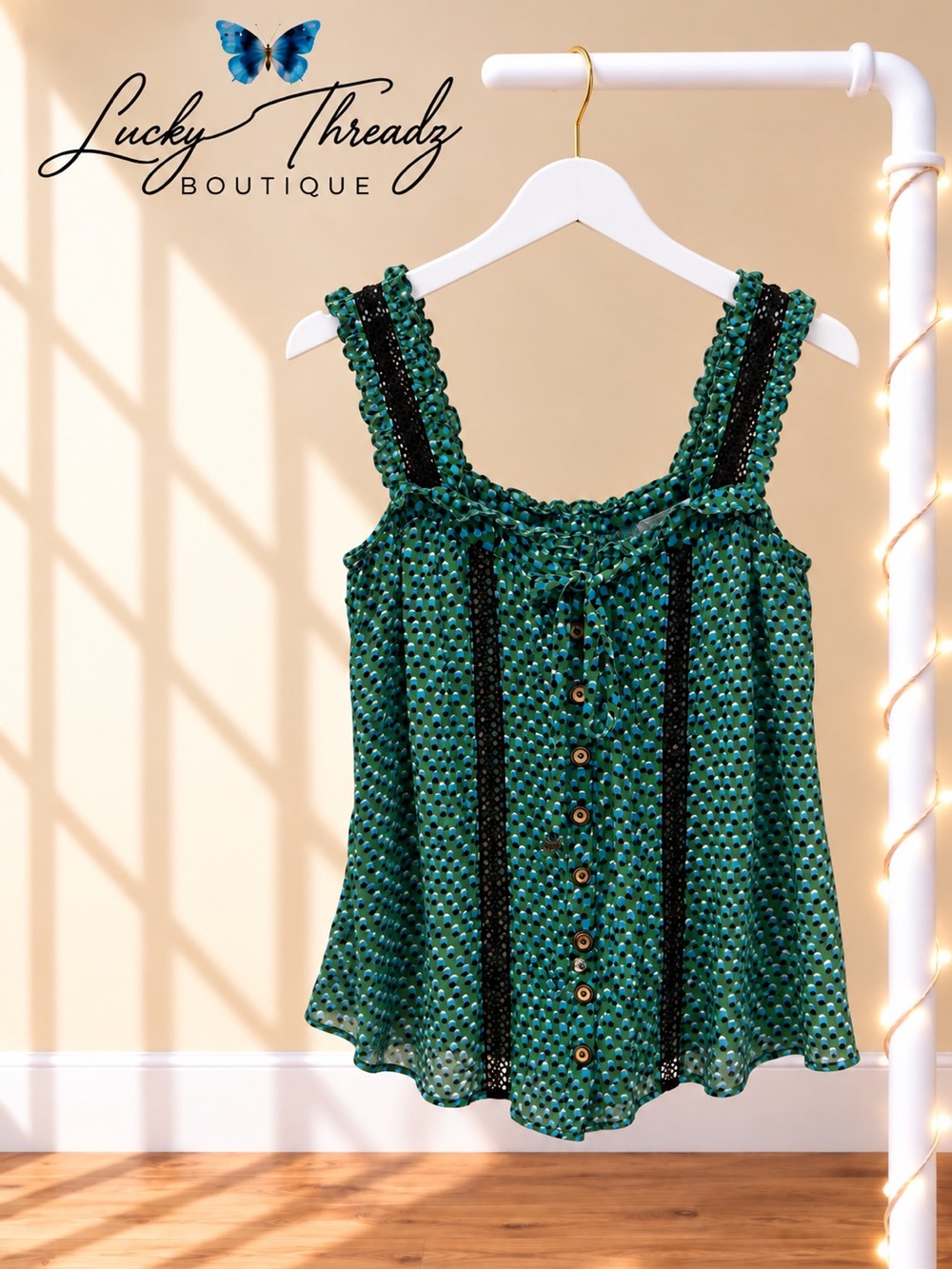 Anthropologie Lace Trim Button Cami Tank Top Green Blue Geometric Print 4